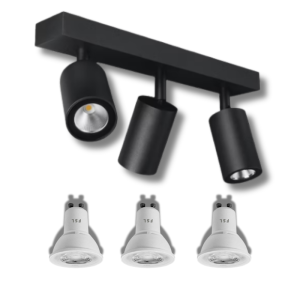 Pack Oferta 3 – Porta GU10 Triple negro Sobrepuesto LED + 3 Ampolletas