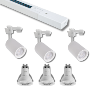 Pack Oferta 1 – Riel Monofásico 2 Metros blanco + 3 Focos Porta GU10 blancos + 3 Ampolletas
