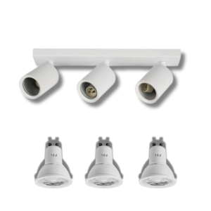 Pack Oferta 4 – Porta GU10 Triple blanco Sobrepuesto LED + 3 Ampolletas